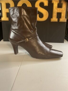 Nine West Chocolate Brown Leather Mid-Calf Heeled Boots